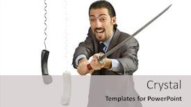  Presentation with cable - Presentation theme featuring man katana sword - angry businessman cutting the phone background and a light gray colored foreground