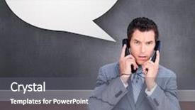  Presentation with wires - PPT theme with angry businessman tangle up in phone wires against speech bubble background and a gray colored foreground
