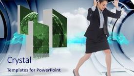  Presentation with structure design - Colorful presentation enhanced with angry businesswoman gesturing against abstract blue design on clouds in structure backdrop and a sky blue colored foreground