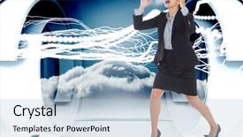  Presentation with structure design - Colorful slide deck enhanced with angry businesswoman gesturing against white lines with cloud design on a futuristic structure backdrop and a lemonade colored foreground