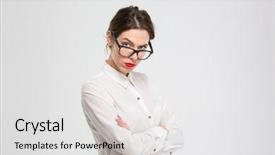  Presentation with angry - Amazing PPT theme having angry businesswoman in glasses looking backdrop and a light gray colored foreground