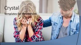  Presentation with sad - Beautiful PPT theme featuring angry couple - boyfriend comforting sad girlfriend backdrop and a  colored foreground