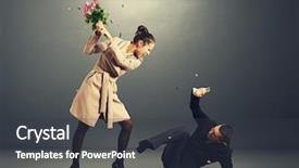  Presentation with man vs woman - PPT theme with close up peace face of female young deer in park in the morning light flare background and a coral colored foreground