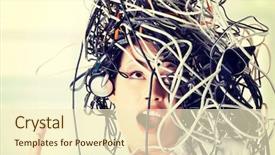  Presentation with cables - Amazing PPT theme having angry customer - troubled shocked businesswoman with cables backdrop and a cream colored foreground