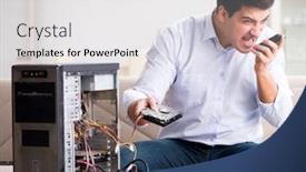  Presentation with computer repair - Audience pleasing slide set consisting of angry-customer-trying-to-repair backdrop and a white colored foreground