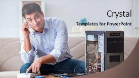  Presentation with computer repair - PPT theme having angry customer trying to repair background and a  colored foreground