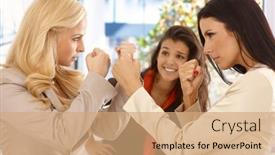  Presentation with angry workers - Slide set with angry-female-office-workers-fighting background and a coral colored foreground