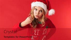  Presentation with girl christmas - Presentation theme having angry little girl wearing christmas hat standing isolated over red background showing her fist background and a crimson colored foreground