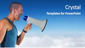  Presentation with trainer - Cool new presentation design with angry male trainer yelling through megaphone against blue sky over clouds backdrop and a ocean colored foreground