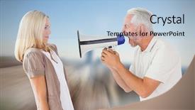  Presentation with foggy - Presentation theme with angry man shouting at girlfriend through megaphone against large rock overlooking foggy city background and a light blue colored foreground