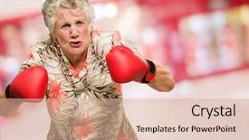 Presentation with boxing woman and a tawny - Theme having angry mature woman wearing boxing gloves indoors background and a coral colored foreground