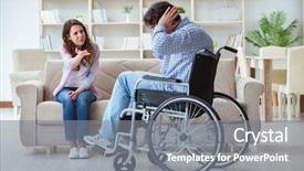  Presentation with disabled person - PPT theme featuring angry mood - desperate disabled person on wheelchair background and a gray colored foreground