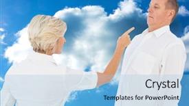  Presentation with older couple - Beautiful PPT theme featuring angry older couple arguing with each other against cloudy sky backdrop and a light blue colored foreground