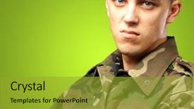  Presentation with green classic war - Audience pleasing PPT theme consisting of angry soldier against a green backdrop and a gold colored foreground