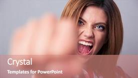  Presentation with camera - Presentation theme with angry woman hitting with fist background and a coral colored foreground