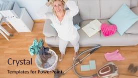  Presentation with living room - Slide deck featuring angry woman in a chaotic background and a coral colored foreground