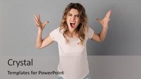  Presentation with angry - Audience pleasing PPT layouts consisting of angry woman in t-shirt backdrop and a light gray colored foreground
