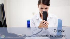  Presentation with mobile phone in woman hand - Presentation enhanced with angry woman shouting at phone background and a light blue colored foreground