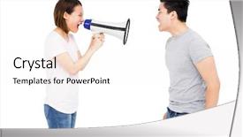  Presentation with young man and a woman - Slides having angry woman shouting at young background and a white colored foreground