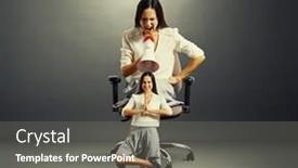  Presentation with office chair - PPT theme having angry woman sitting on the office chair and screaming at small calm woman over dark background background and a gray colored foreground