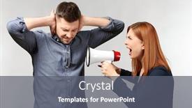  Presentation with angry - Beautiful presentation featuring angry woman with megaphone scolding her husband on light background backdrop and a gray colored foreground