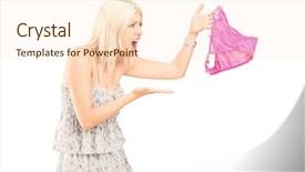  Presentation with someone researching from a computer - Presentation design consisting of angry woman yelling while holding someone else's panties isolated against white background background and a cream colored foreground
