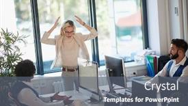  Presentation with employees - Colorful slide deck enhanced with angry-young-business-woman backdrop and a gray colored foreground