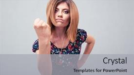  Presentation with weight loss woman showing - Beautiful slide set featuring angry young woman showing fist over gray background backdrop and a light gray colored foreground