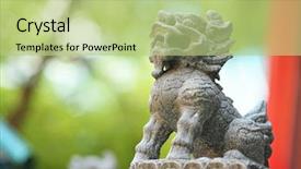  Presentation with lion pyrography - Presentation design featuring anicent chinese civilization - guardian lion statue background and a mint green colored foreground