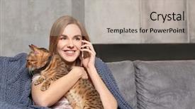  Presentation with mobile home - Theme consisting of animal cells - beautiful young woman caressing cat background and a light gray colored foreground