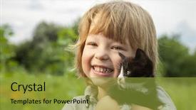 Presentation with animal nature - Colorful presentation design enhanced with animal children - happy kid with a kitten backdrop and a gold colored foreground