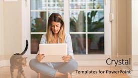  Presentation with cat - Audience pleasing presentation theme consisting of animal communication - young beautiful woman smiling sitting backdrop and a coral colored foreground