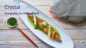  Presentation with recipe - PPT theme featuring animal experimentation - grilled turbot over wild asparagus background and a sky blue colored foreground