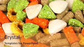  Presentation with dry - Slide deck featuring animal food - dry dog treats close up background and a gold colored foreground