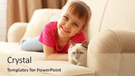  Presentation with kitten - Beautiful PPT theme featuring animal friends - little cute girl with kitten backdrop and a  colored foreground