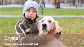  Presentation with golden - PPT layouts consisting of animal happy trail - boy playing in autumn park background and a  colored foreground