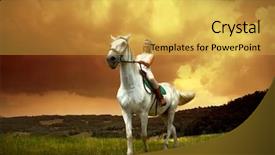  Presentation with horse riding - Amazing PPT theme having animal happy trail - young horsewoman riding on white backdrop and a yellow colored foreground