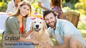  Presentation with lover - Beautiful PPT theme featuring animal lover - smiling couple with the dog backdrop and a coral colored foreground