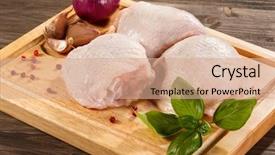 Presentation with cutting board - Slides having animal muscles - raw chicken legs on cutting background and a coral colored foreground