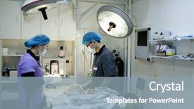  Presentation with dog - Presentation enhanced with animal teamwork - veterinarians with dog on operating background and a light blue colored foreground