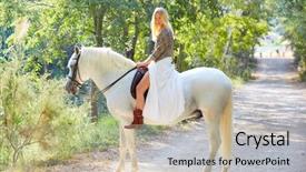  Presentation with horse riding - Beautiful PPT theme featuring animal tracks - blond girl woman riding backdrop and a  colored foreground