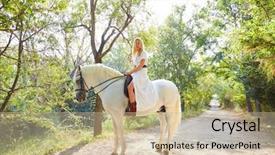  Presentation with horse riding - Amazing theme having animal tracks - blond girl woman riding backdrop and a soft green colored foreground