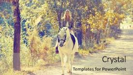 Presentation with horse riding - PPT layouts enhanced with animal tracks - blond girl woman riding background and a soft green colored foreground