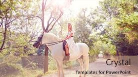  Presentation with white horse - Slide set featuring animal tracks - blond girl woman riding background and a coral colored foreground
