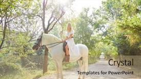  Presentation with white horse - Cool new PPT theme with animal tracks - blond girl woman riding backdrop and a coral colored foreground