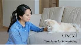  Presentation with guide dog helping blind woman - PPT theme enhanced with animals body parts - woman cuddle on her dog background and a light blue colored foreground