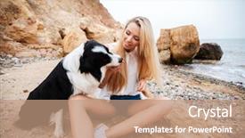  Presentation with young business woman smile show - Amazing PPT theme having animals chase - smiling charming young woman sitting backdrop and a coral colored foreground