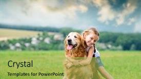  Presentation with entertainment - Audience pleasing PPT theme consisting of animals entertainment - cute smiling little girl hugging backdrop and a yellow colored foreground