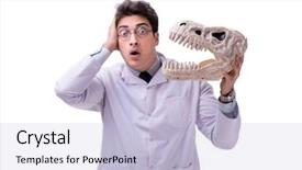  Presentation with funny animal - Slide deck enhanced with animals evolution - funny crazy professor paleontologyst studying background and a light blue colored foreground