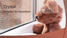  Presentation with person looking out in nature - Slide deck enhanced with animals need - toy-bear looking out window close-up background and a  colored foreground
